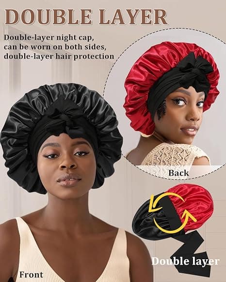 Satin Bonnet för Sömn Kvinnor Dubbellager Hårmössa med 2 st Hårsnoddar Elastiskt Band Nattmössa black
