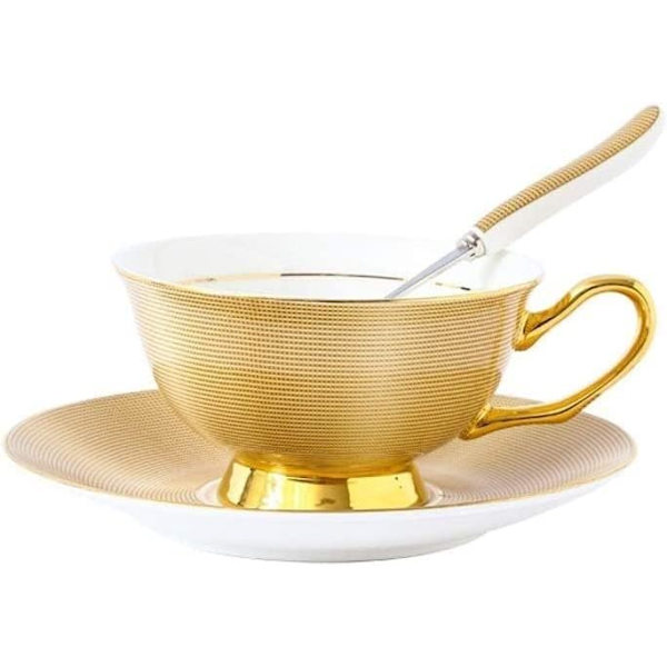 Keraaminen kahvikuppi, keraaminen teekuppi, muodikkaan englantilaistyylinen lyhyt iltapäiväteekahvikuppi ja alussetti, luuposliinia, herkkä kultainen Tazas Tasse Cafe