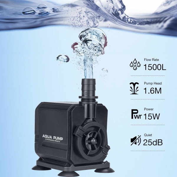 Intern filter til fiskebeholder, 15W 4 i 1 akvariefilterpumpe nedsænkelig fiskebeholder vandpumpe luftpumpe til 30-300L tank (1500L/H)