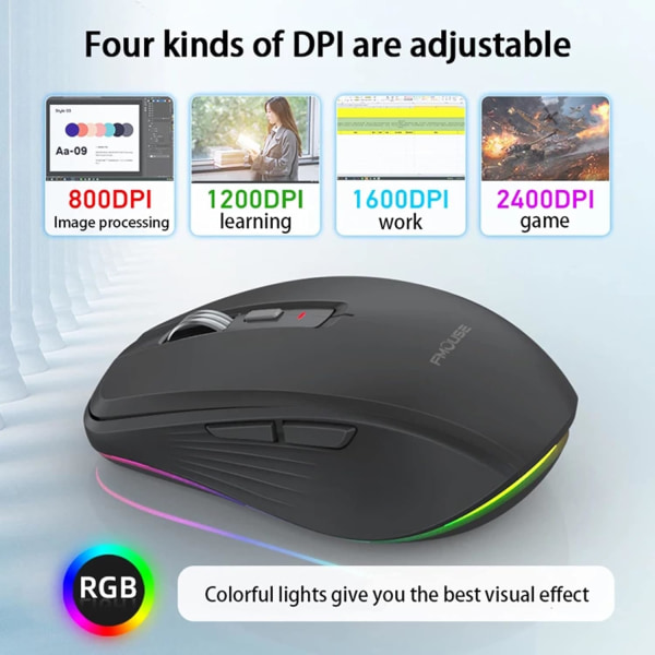 2.4G+BT5.1 Trådløs mus med dobbel modus, ergonomisk design, 4-trinns justerbar DPI, innebygd oppladbar batteri for bærbar PC black
