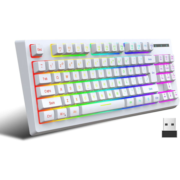 Spel tangentbord 87 tangenter 2.4G trådlös RGB termisk överföring 1800mAh / Windows kompatibel för arbetsdator och hemspel trådlöst tangentbord (vit) white