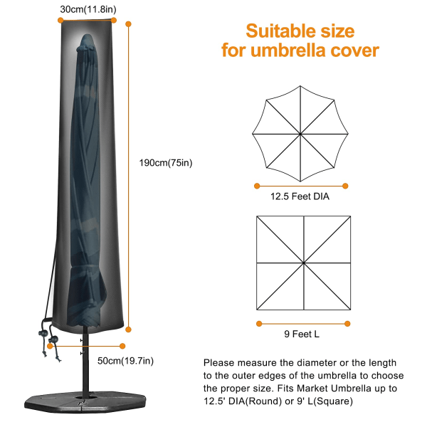 Garden Parasol Cover for Diameter 2m 4m, 420D Oxford Parasol Protector for 9 to 11 Feet, H190 x 30/50cm