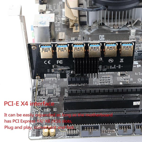 Pci-E Mining Riser -kortti Pcie Pci-Express 1x - 16x -sovitin 6x Usb3.0 -kerroin