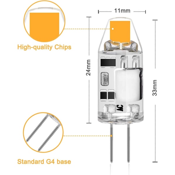 5-pakning 2W G4 LED-lyspærer, 3000K varmt hvitt, 200lm, 12V