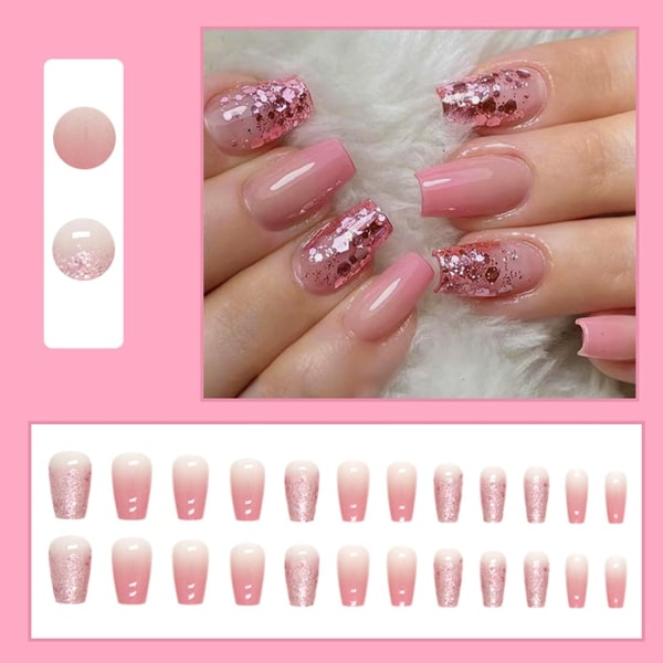 24 st pressar på naglar korta fyrkantiga, franska spetsar lösnaglar Rosa gradientlim på naglar med elegant design, glänsande glitter akryl cover