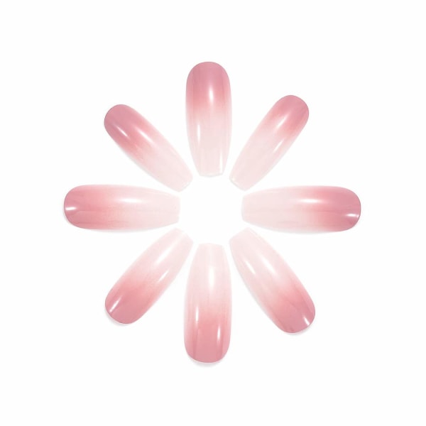 Långa Falska Naglar Rosa Vit Gradient Tryck på Naglar Akryl Naglar