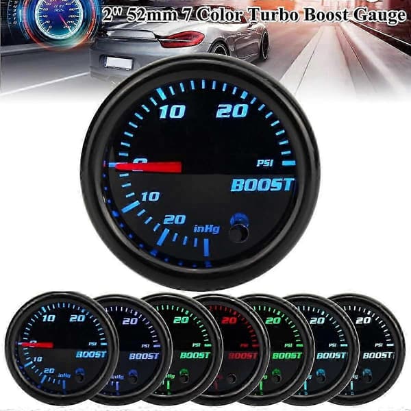 2' 52mm Turbo Boost Måler Vakuumtryksmåler 0~30 PSI / -1~2 Bar 7 Farve LED Sort Linse 12V Universal Bil Boost Pointer Måler