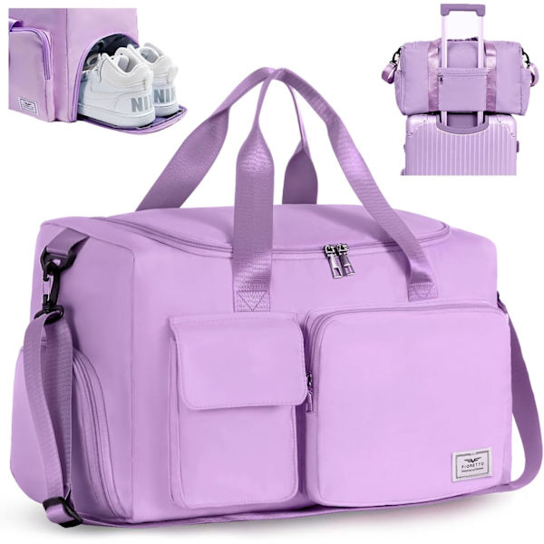 Sportsbag for kvinner og menn med skosrom, weekendbag for reiser og overnatting for kvinner, sammenleggbar vanntett bag purple