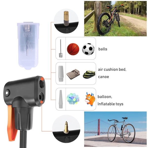 Pyörän pumppu, kannettava, polkupyörän jalkapumppu, jossa 160 PSI:n painemittari, Bycicles-ilmapumppu Presta- ja Schrader-venttiilillä