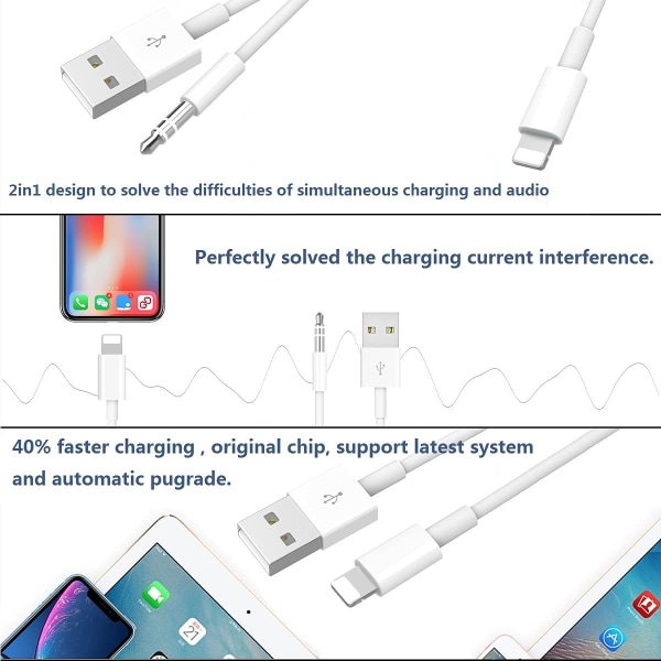 Hjælpekabel til iPhone, Lightning til 3,5 mm Aux-kabel 2 i 1