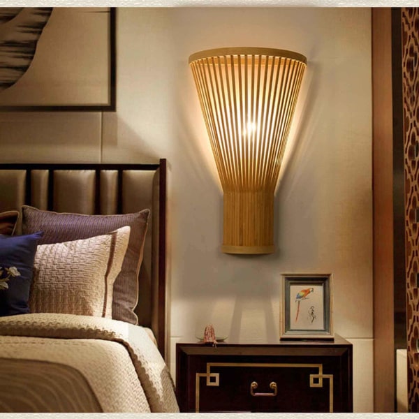 Indendørs bambus væglampe, rattan E27 retro væglampe, trappe væglampe, håndlavet interiør dekoration bambus lampe, kurv lampeskærm sengelampe