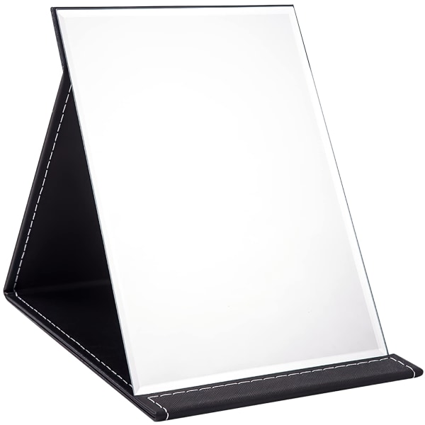 21x15 cm bærbart sammenklappeligt spejl, sort PU-læder rejsespejl, fritstående makeupspejle, foldbart bordspejl
