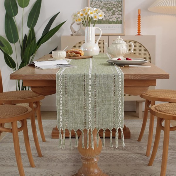 Sage Green Bordslöpare Väva Ränder Makramé Bordslöpare med Tofs Lämplig för Födelsedagsfest Bröllopsbordsdekoration, 13 * 94 tum/33 * 240 cm