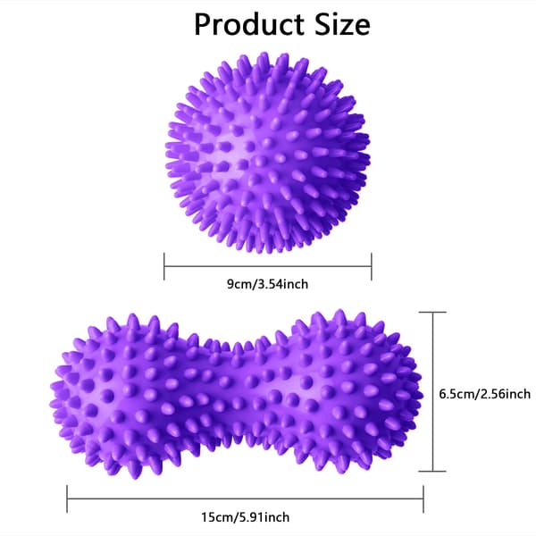 Pigget Massagebold, 9cm Pigget Massagebold og 15cm Fodmassage Rulle, Massagebolde Sæt - Lilla