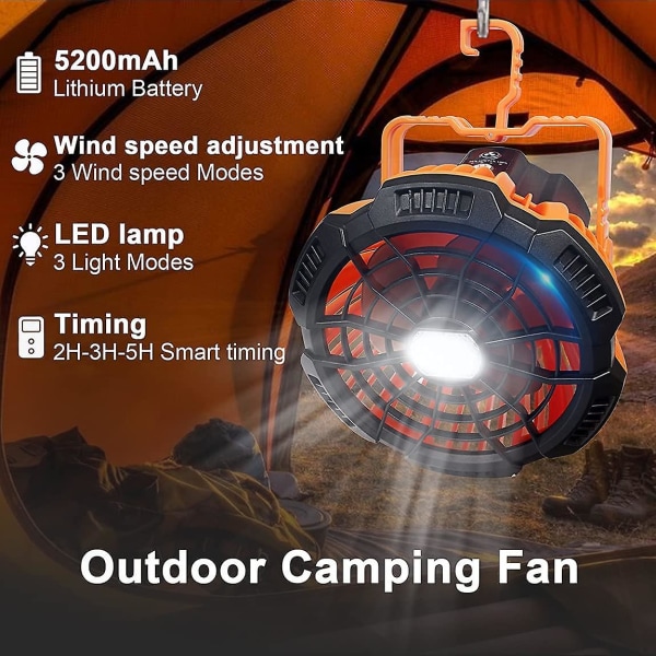 Campingfläkt med campinglykta USB-laddningsbar 5200mah