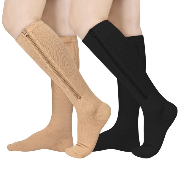 2 Pairs Zipper Compression Socks for Women Men Medical 15-20 mmHg, Closed Toe Flight Socks Graduated Support Socks S/M