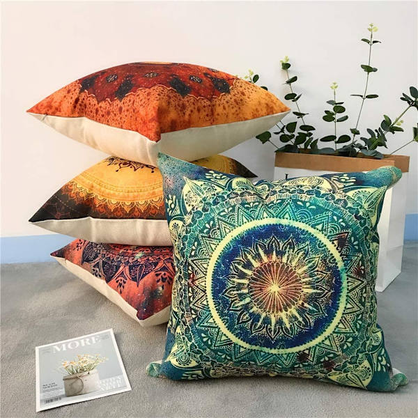 Set med 4 Mandala-kuddfodral, bohemisk dekorativ fyrkantig 18 x 18 tum 45 x 45 cm Boho-kudde