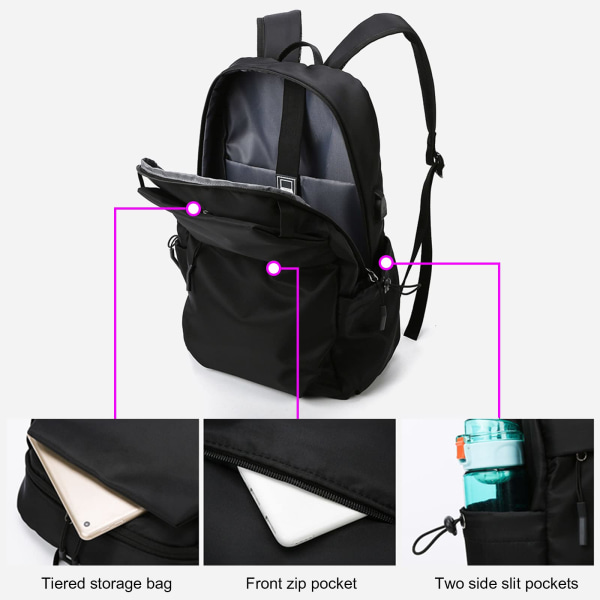 Laptop-ryggsäck, lätt arbetsväska med laddningsport, svart