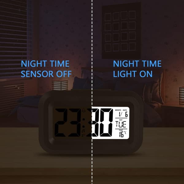 Digital vækkeur til natbordet, LED-display med justerbar slumrefunktion 12/24 timer, temperatur, dato, timer, lysstyring, bærbare vækkeure