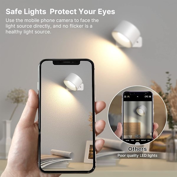 Inomhusvägglampa, vägglampa med USB-laddning, 3 färger och 3 nivåer LED inomhus 360° roterbar touchkontroll trådlös vägglampa