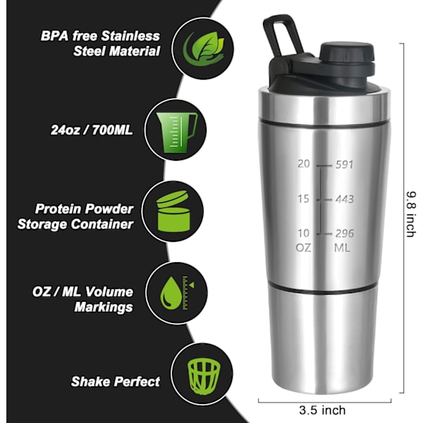 Proteiinipullon sekoituspallolla ja suodattimella - 700 ml pullo, jossa 200 ml säilytystila - vuotamaton, BPA-vapaa kantokahva