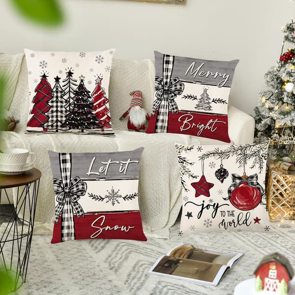 Set med 4 Julkuddfodral, Julkuddfodral 45x45 cm, Linne med Fluga Mönster för Sovrum, Soffa, Stol, Bil, Säng, Heminredning