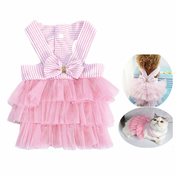 Hundklänning, valp kattunge rosett randig mesh väst (M, rosa)