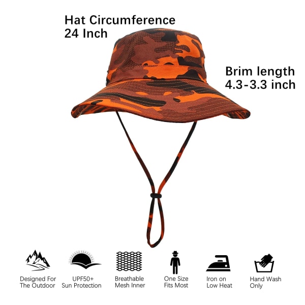 Kamouflage solhatt bred brätte med justerbar hakrem (orange)