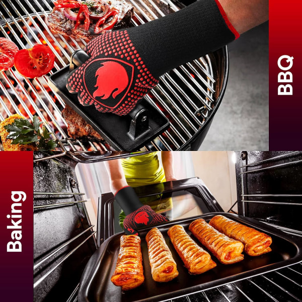 BBQ-handsker, ovnluffer, grillhandsker - Ekstremt varmebestandige ovnluffer, skridsikre silikone-madlavningshandsker til grillning, grillning, bagning