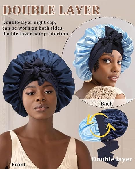 Satin Bonnet för Sömn Kvinnor Dubbellager Hårmössa med 2 st Hårsnoddar Elastiskt Band Nattmössa Navy Blue + Light Blue