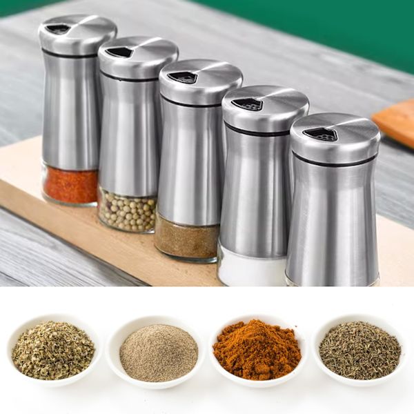 2 st salt- och pepparkarset, saltkar i rostfritt stål, salt- och pepparkvarnar med lock, justerbara hål, för kryddor, salt, peppar, spiskummin, chilipulver