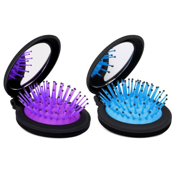 Mini Hair Brush for Women, 2 Pcs Portable Compact Folding Hair Brushes with Mirror Small Travel Size Hair Comb Pocket Size Hairbrush(Blue & Purple)