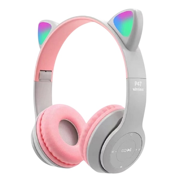 Kattøre Hovedtelefon Trådløs Gaming Headset med Stereo Bass Indbygget Mikrofon & Tilpasset Belysning og Effekt (pink+grå) pink+gray