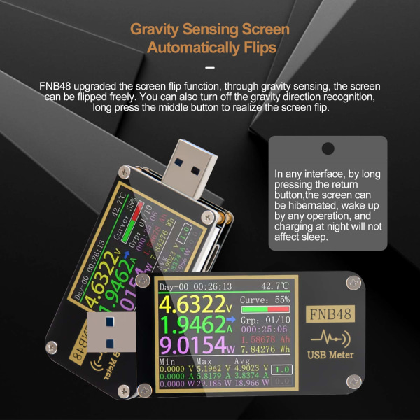 USB Tester, PD Trigger Voltmeter USB 3.0 Spænding og Strøm Tester DC 4-24V 6.5A USB C Multimeter PPS Fast Charging Protocol, QC2.0 3.0 FNB48