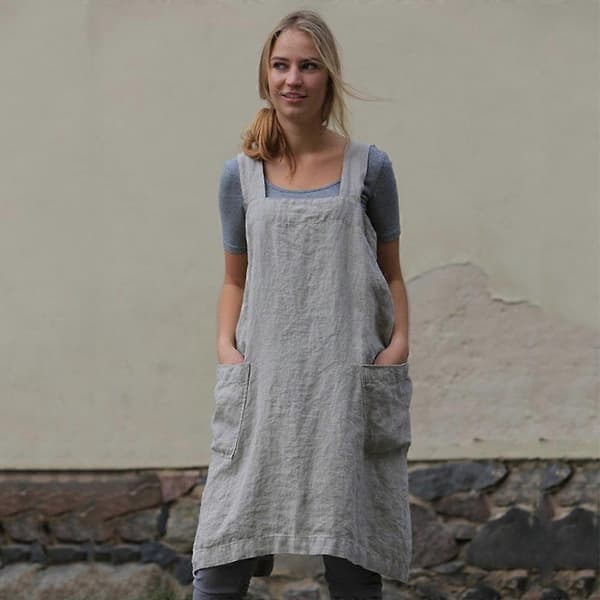 Forkle i bomull og lin med kryssrygg for kvinner med store lommer gray s