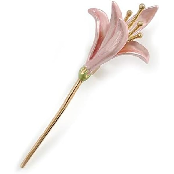 Ljusrosa emalj Calla Lily blommig brosch i guldton - 70 mm lång