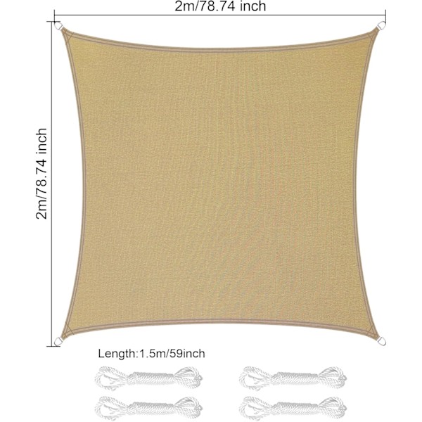 Rektangulær trekantet solsejl lavet af PES polyester, vandtæt, med UV-beskyttelse og fastgørelsesreb (2 x 2 m, sandfarve)