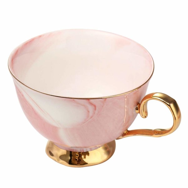 Marmor keramisk kopp og tallerkensett Camellia-mønstret bein Kina kaffekrus Tekopp gullkant med kaffekopp, tallerken og skje, 200 ml (rosa)