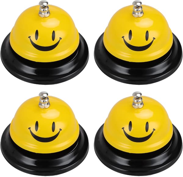 4-pack samtalsklocka, gul serviceklocka, bardiskklocka, 8,5 cm diameter, 6 cm höjd, metallklocka, bordsklocka, receptionsklocka, diskklocka