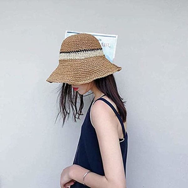 Solhatt Floppy stråhatt Bred skygge Sammenleggbar UV-beskyttelsesbøtte Sommerstrandhatt for jenter Kvinner Khaki