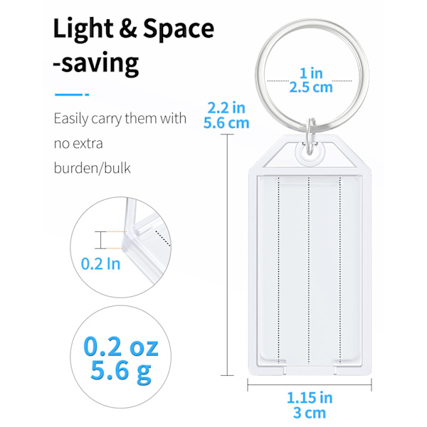24 stk. nøkkelbrikker 5 cm plastnøkkelbrikker med linjert blanke papiretiketter gjennomsiktige deksler og splittringer robuste artikkelidentifikatorer, hvite