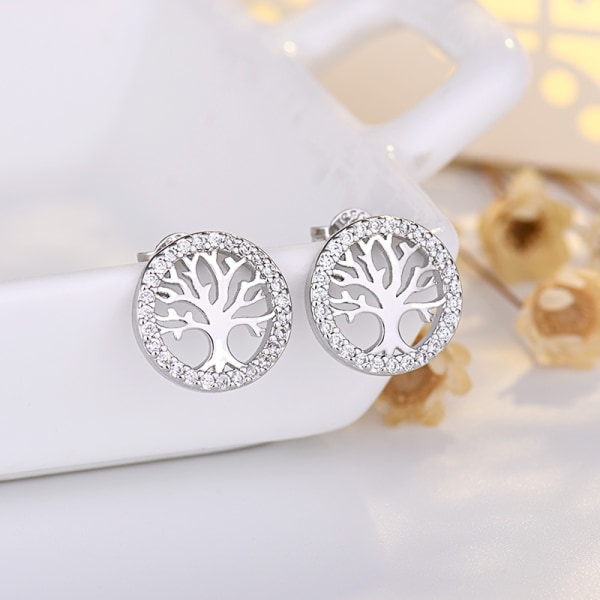 Tree of Life Örhängen för kvinnor, 925 Sterling Silver med Cubic Zirconia Runda örhängen Smycken Presenter för födelsedag Mors dag, Diameter 12 mm