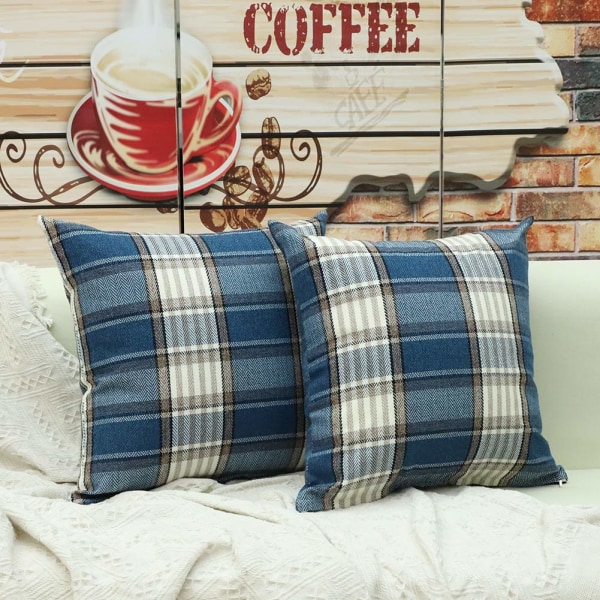 Tartan pellava cover, tyynynpäälliset kodin sohvalle autokoriste 50×50cm, 2 kpl set , sininen blue