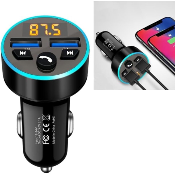 Bluetooth Audio Sender for Bil Adapter MP3-spiller QC 3.0 Rask Billading 12V 8 RGB LED 2 USB-porter Handsfree-samtaler, Støtter TF-kort og U-Disk