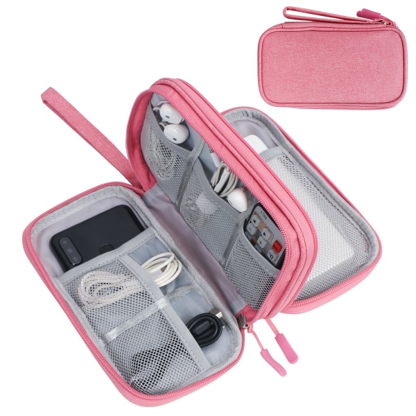 Elektroniktillbehör Organizerväska,Cable Organizer-väska,2-lagers bärbar vattentät resväska för kabel,SD-kort,laddare, power ,rosa