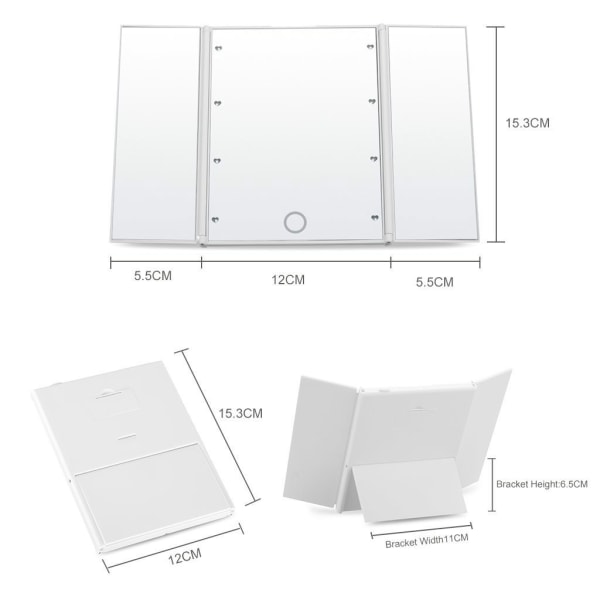 Tri-Fold Kosmetisk Smink Spegel Resa Kompakt Fick Spegel med 8 LED-lampor Batteri Inkluderat - Vit white