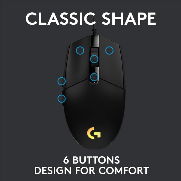 Gamingmus med RGB-belysning, 6 programmerbare knapper, sensor i spillklasse, 6K DPI-sporing, lett black