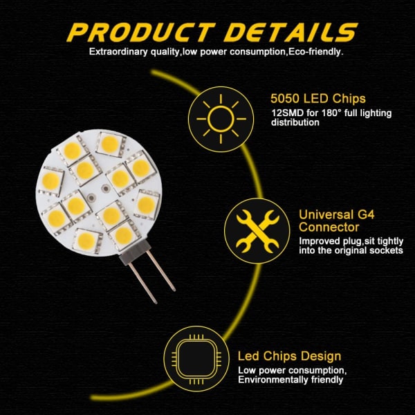 10x G4 LED-pære, ikke-dimbar, varmt hvitt 2700K 180° lyspære