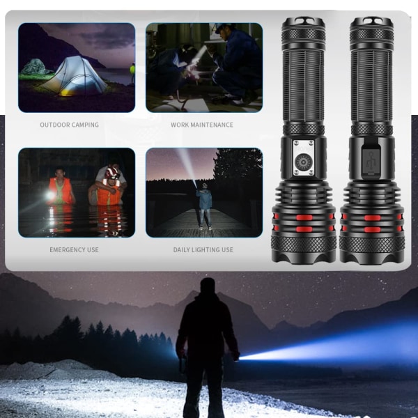 Taktisk lommelygte LED, 20000 lumen P70 højkraftig, USB genopladeligt, genopladeligt 26650 batteri, egnet til udendørs camping og jagt
