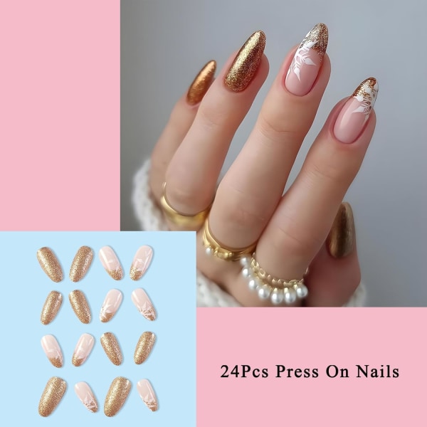 Falska naglar medel längd, mandel press on naglar guld glitter glänsande falska naglar med vit snö design, akryl stick on naglar för kvinnor